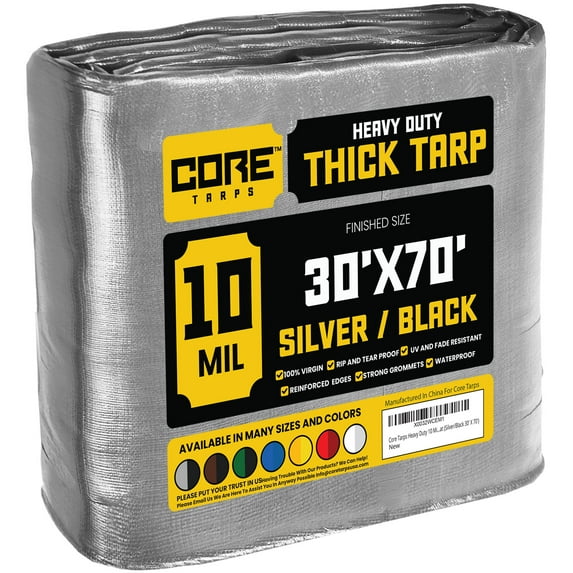 Core Tarps 10 Mil Heavy Duty Tarp Camping Tarpaulin Waterproof Cover, Silver and Black 30 x 70Ft