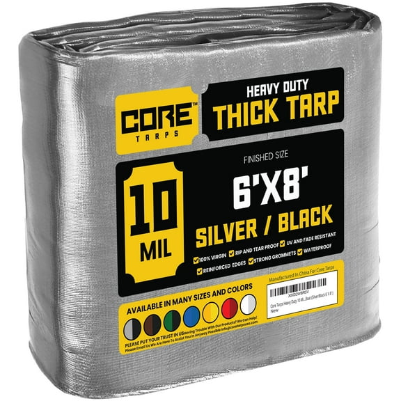 Core Tarps 10 Mil Heavy Duty Tarp Camping Tarpaulin Waterproof Cover, Sliver and Black 6 x 8Ft