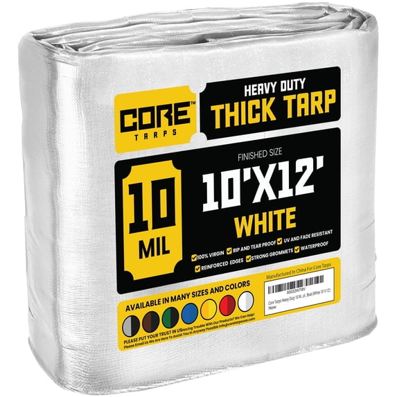 Core Tarps 10 Mil Heavy Duty Tarp Tarpaulin Waterproof Cover, White 10 x 12Ft