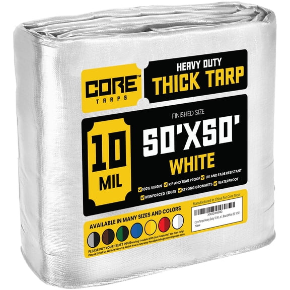 Core Tarps 10 Mil Heavy Duty Tarp Tarpaulin Waterproof Cover, White 50 x 50Ft