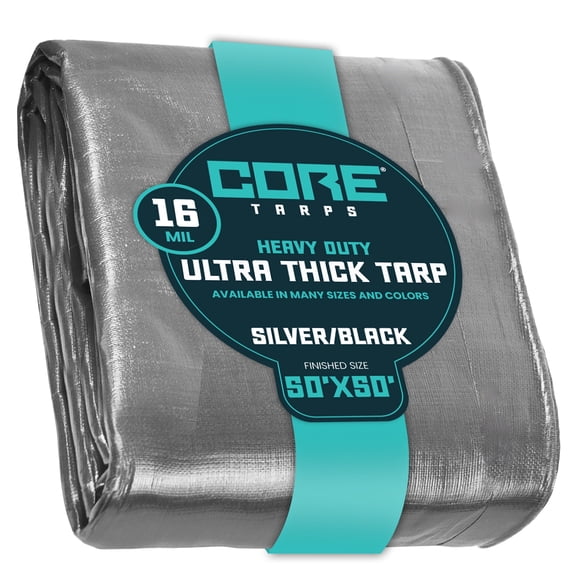 Core Tarps 16 Mil Heavy Duty Tarp Tarpaulin Waterproof Cover, Silver/Black 50′ X 50′Ft
