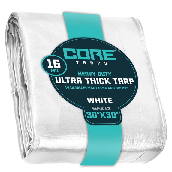Core Tarps 16 Mil Heavy Duty Tarp Tarpaulin Waterproof Cover, White 30′ X 30′Ft