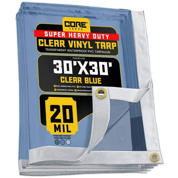 Core Tarps 20 Mil Extreme Heavy Duty Clear Tarp with Gromments - 30x30ft Super Clear Tarps Heavy Duty Waterproof Vinyl Tarpaulin, Transparent Tarp for Outdoor, Camping & Construction, Clear Blue