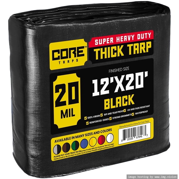 Core Tarps 20 Mil Heavy Duty Tarp Camping Tarpaulin Waterproof Cover, Black 12' x 20'