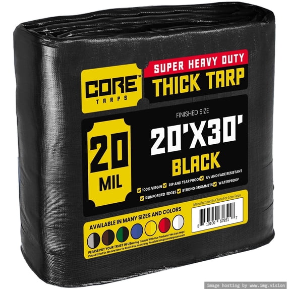 Core Tarps 20 Mil Heavy Duty Tarp Tarpaulin Waterproof Cover, Black 20' x 30'