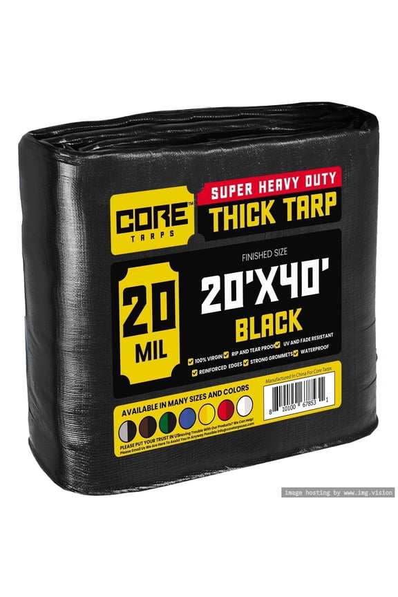 20 Mil Heavy Duty Tarp Tarpaulin Waterproof Cover, Black 20' x 40'