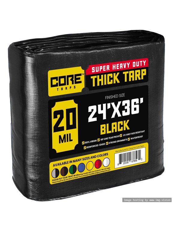 20 Mil Heavy Duty Tarp Tarpaulin Waterproof Cover, Black 24' x 36'