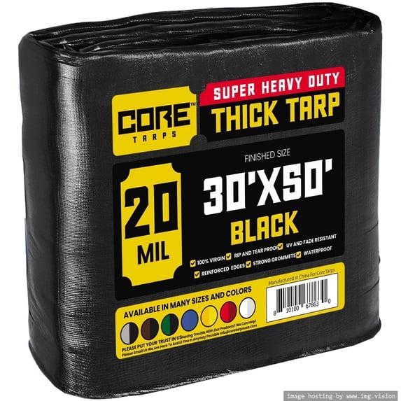 Core Tarps 20 Mil Heavy Duty Tarp Tarpaulin Waterproof Cover, Black 30' x 50'
