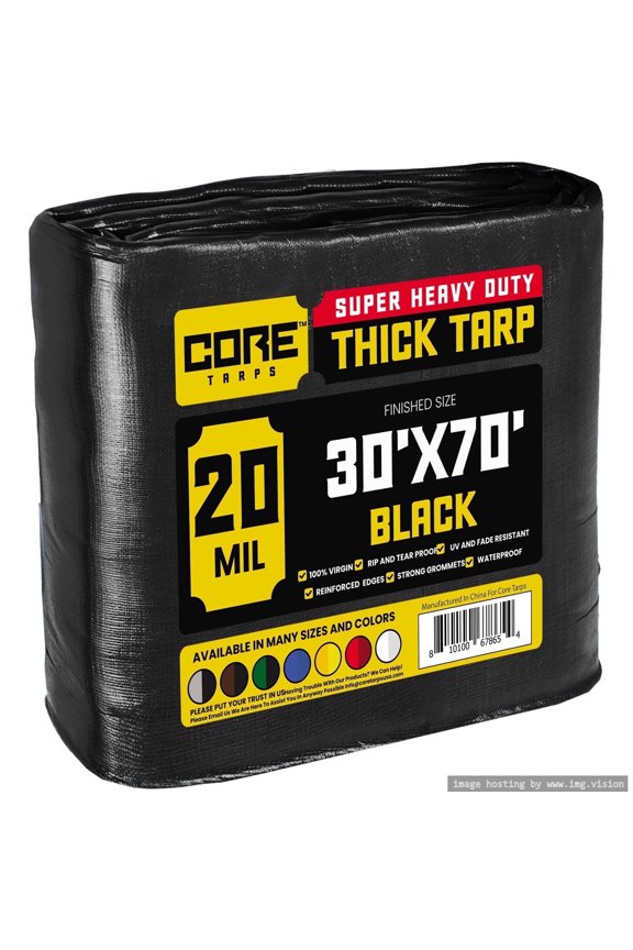 20 Mil Heavy Duty Tarp Tarpaulin Waterproof Cover, Black 30' x 70'