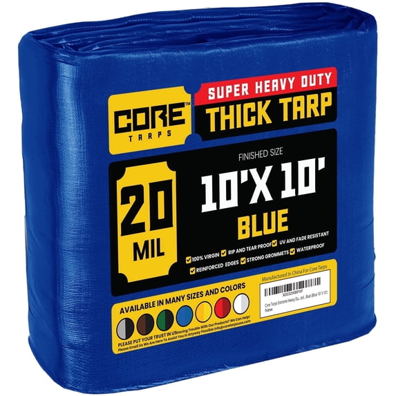 Core Tarps 20 Mil Heavy Duty Tarp Tarpaulin Waterproof Cover, Blue 10' x 10'