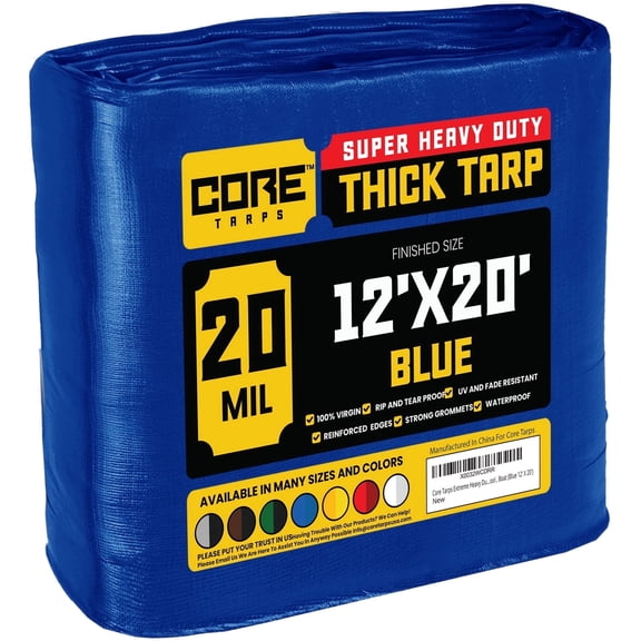 Core Tarps 20 Mil Heavy Duty Tarp Tarpaulin Waterproof Cover, Blue 12' x 20'