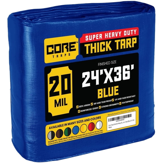Core Tarps 20 Mil Heavy Duty Tarp Tarpaulin Waterproof Cover, Blue 24' x 36'