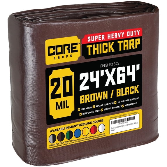 Core Tarps 20 Mil Heavy Duty Tarp Tarpaulin Waterproof Cover, Brown/Black 24' x 64'