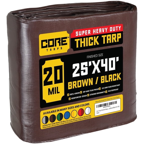 Core Tarps 20 Mil Heavy Duty Tarp Tarpaulin Waterproof Cover, Brown/Black 25' x 40'