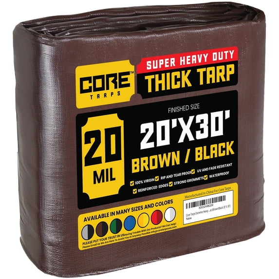 Core Tarps 20 Mil Heavy Duty Tarp Tarpaulin Waterproof Cover, Brown and Black 20 x 30Ft