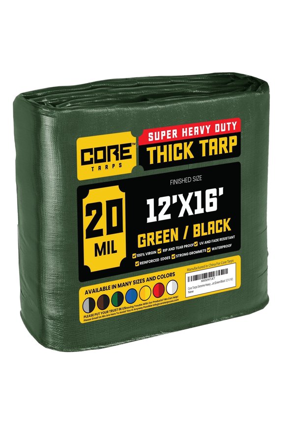 20 Mil Heavy Duty Tarp Tarpaulin Waterproof Cover, Green/Black 12' x 16'