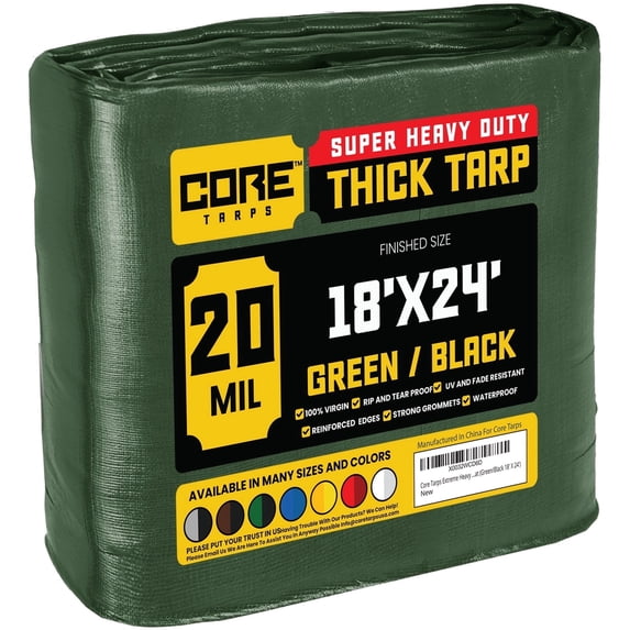 Core Tarps 20 Mil Heavy Duty Tarp Tarpaulin Waterproof Cover, Green/Black 18' x 24'