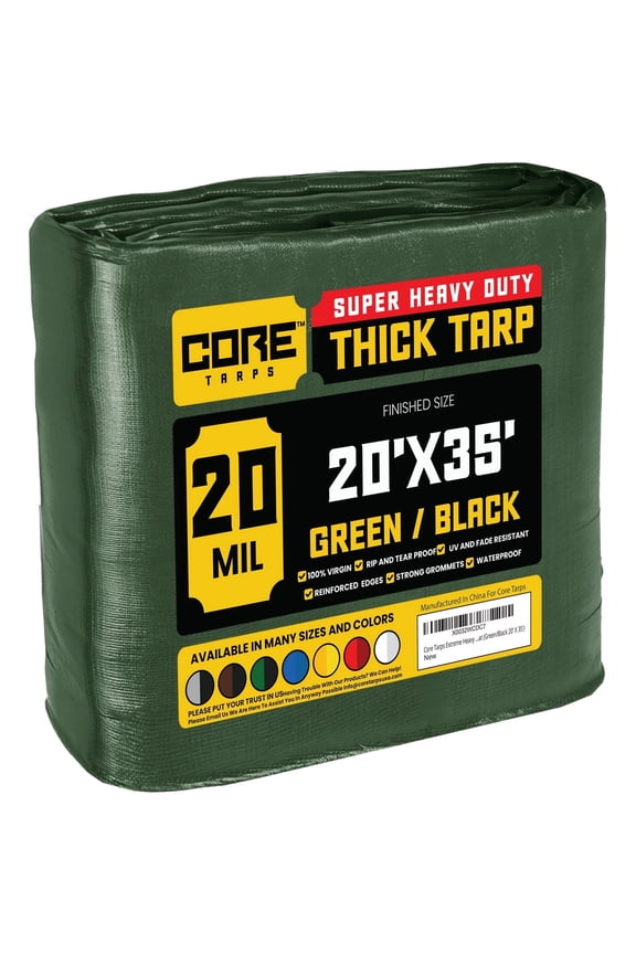 20 Mil Heavy Duty Tarp Tarpaulin Waterproof Cover, Green/Black 20' x 35'