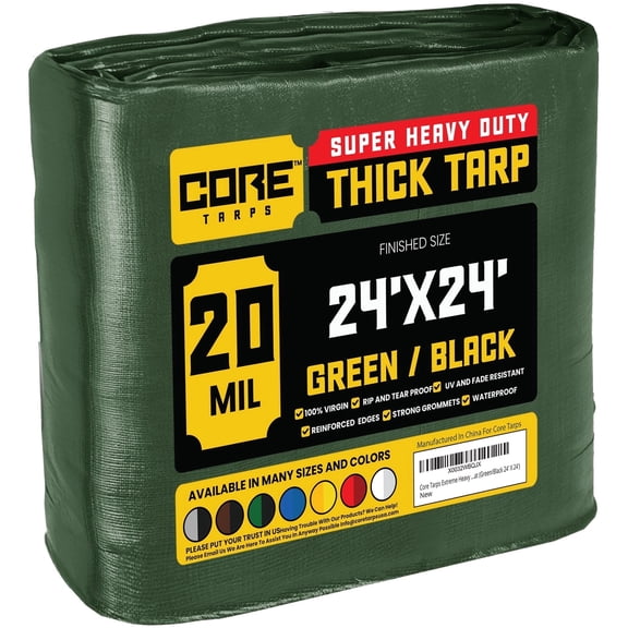 Core Tarps 20 Mil Heavy Duty Tarp Tarpaulin Waterproof Cover, Green/Black 24' x 24'