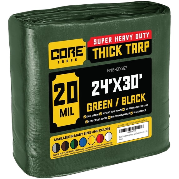 Core Tarps 20 Mil Heavy Duty Tarp Tarpaulin Waterproof Cover, Green/Black 24' x 30'