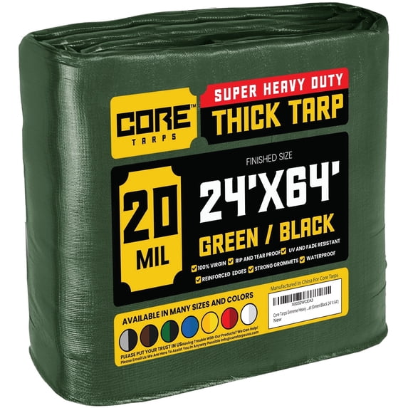 Core Tarps 20 Mil Heavy Duty Tarp Tarpaulin Waterproof Cover, Green/Black 24' x 64'