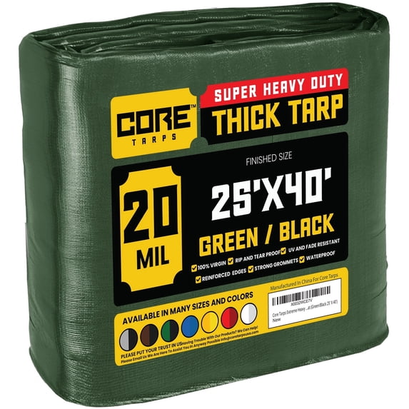 Core Tarps 20 Mil Heavy Duty Tarp Tarpaulin Waterproof Cover, Green/Black 25' x 40'