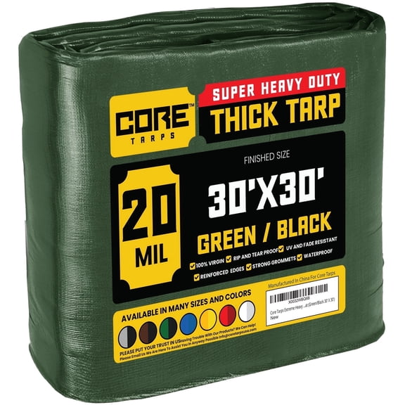 Core Tarps 20 Mil Heavy Duty Tarp Tarpaulin Waterproof Cover, Green/Black 30' x 30'