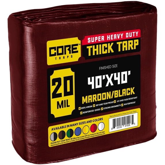 Core Tarps 20 Mil Heavy Duty Tarp Tarpaulin Waterproof Cover, Maroon/Black 40' x 40'