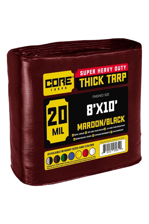 20 Mil Heavy Duty Tarp Tarpaulin Waterproof Cover, Maroon/Black 8' x 10'