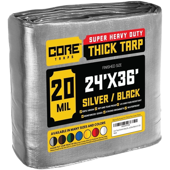 Core Tarps 20 Mil Heavy Duty Tarp Tarpaulin Waterproof Cover, Silever/Black 24' x 36'