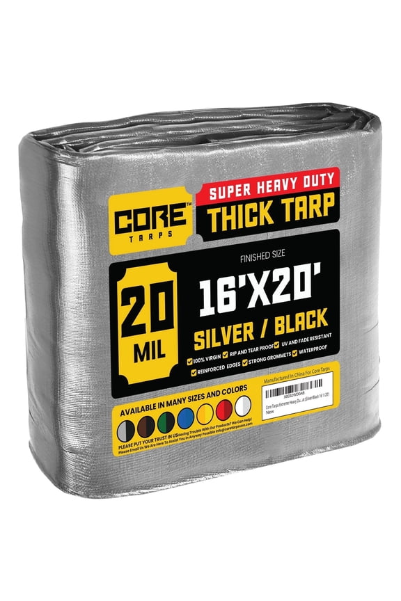 20 Mil Heavy Duty Tarp Tarpaulin Waterproof Cover, Silver/Black 16' x 20'