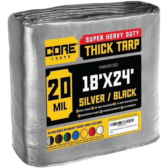 Core Tarps 20 Mil Heavy Duty Tarp Tarpaulin Waterproof Cover, Silver/Black 18' x 24'