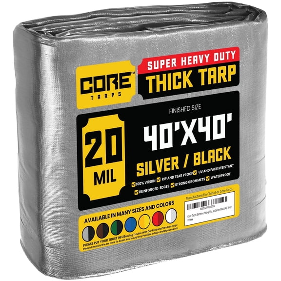 Core Tarps 20 Mil Heavy Duty Tarp Tarpaulin Waterproof Cover, Silver/Black 40' x 40'