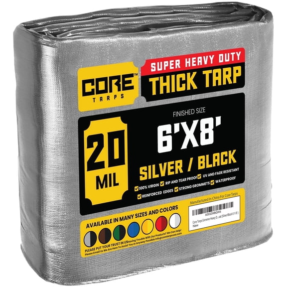 Core Tarps 20 Mil Heavy Duty Tarp Tarpaulin Waterproof Cover, Silver/Black 6' x 8'
