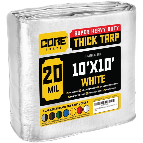 Core Tarps 20 Mil Heavy Duty Tarp Camping Tarpaulin Waterproof Cover, White 10' x 10'