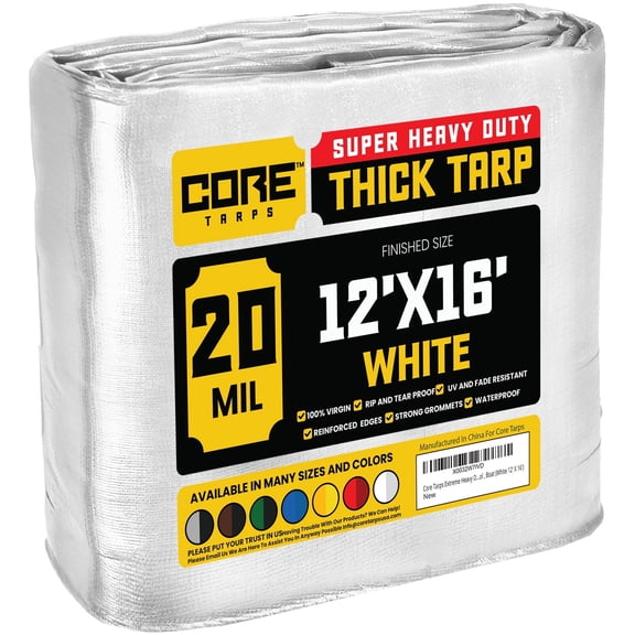 Core Tarps 20 Mil Heavy Duty Tarp Tarpaulin Waterproof Cover, White 12 x 16Ft