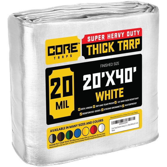 Core Tarps 20 Mil Heavy Duty Tarp Tarpaulin Waterproof Cover, White 20 x 40Ft