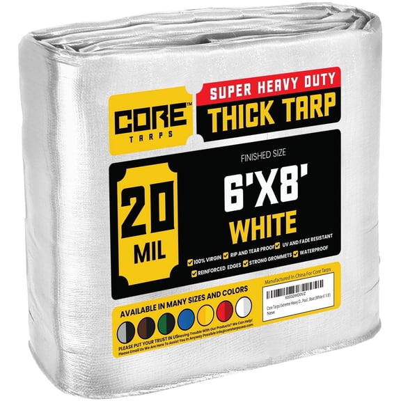 Core Tarps 20 Mil Heavy Duty Tarp Tarpaulin Waterproof Cover, White 6' x 8'