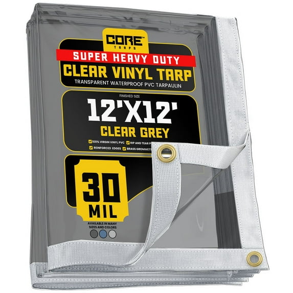 Core Tarps 30 Mil Extreme Heavy Duty Clear Tarp with Gromments - 12x12ft Super Clear Tarps Heavy Duty Waterproof Vinyl Tarpaulin, Transparent Tarp for Outdoor, Camping & Construction, Clear Grey