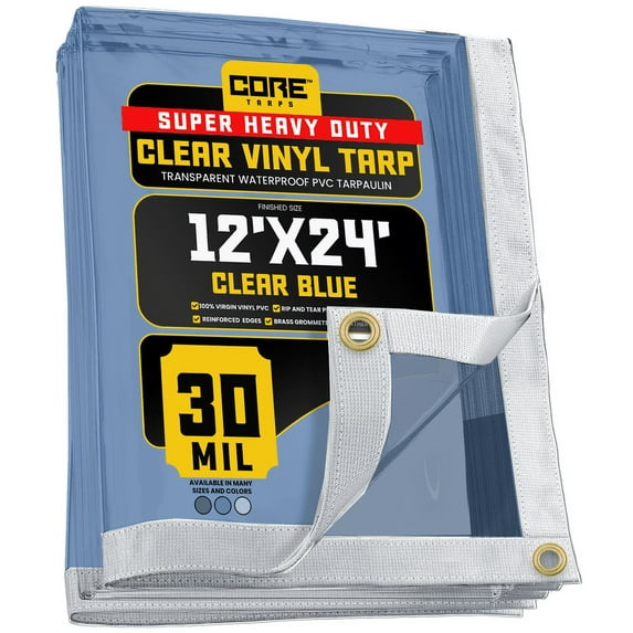 Core Tarps 30 Mil Extreme Heavy Duty Clear Tarp with Gromments - 12x24ft Super Clear Tarps Heavy Duty Waterproof Vinyl Tarpaulin, Transparent Tarp for Outdoor, Camping & Construction, Clear Blue