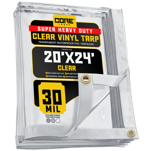 Core Tarps 30 Mil Extreme Heavy Duty Clear Tarp with Gromments - 20x24ft Super Clear Tarps Heavy Duty Waterproof Vinyl Tarpaulin, Transparent Tarp for Outdoor, Camping & Construction, Clear