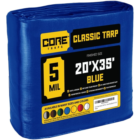 Core Tarps 5 Mil Classic Tarp Tarpaulin Waterproof Cover, Blue 20 x 35Ft
