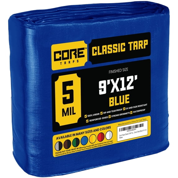 Core Tarps 5 Mil Classic Tarp Tarpaulin Waterproof Cover, Blue 9 x 12Ft