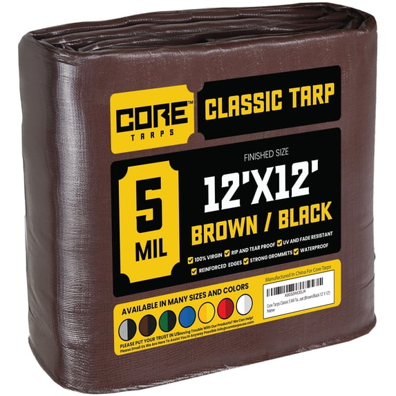Core Tarps 5 Mil Classic Tarp Tarpaulin Waterproof Cover, Brown and Black 12 x 12Ft