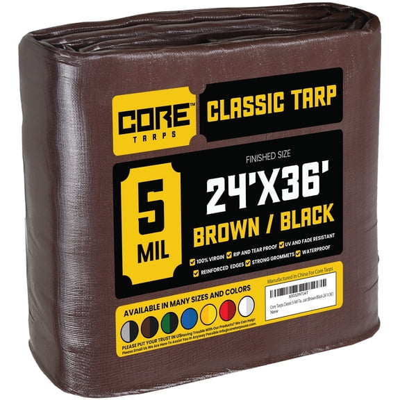 Core Tarps 5 Mil Classic Tarp Tarpaulin Waterproof Cover, Brown and Black 24 x 36Ft