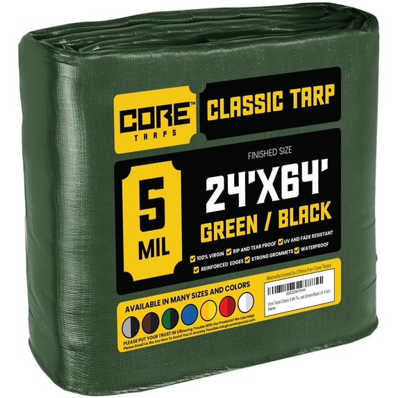 Core Tarps 5 Mil Classic Tarp Tarpaulin Waterproof Cover, Green and Black 24 x 64Ft