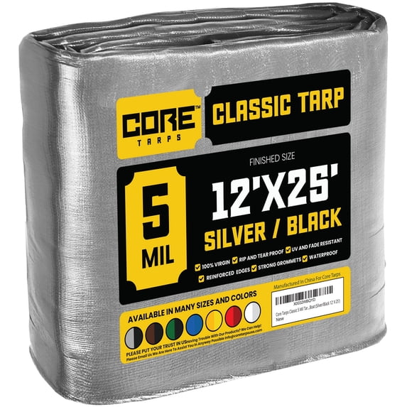Core Tarps 5 Mil Classic Tarp Tarpaulin Waterproof Cover, Silver and Black 12 x 25Ft