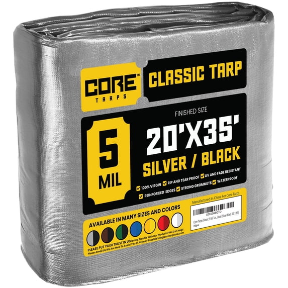 Core Tarps 5 Mil Classic Tarp Tarpaulin Waterproof Cover, Silver and Black 20 x 35Ft