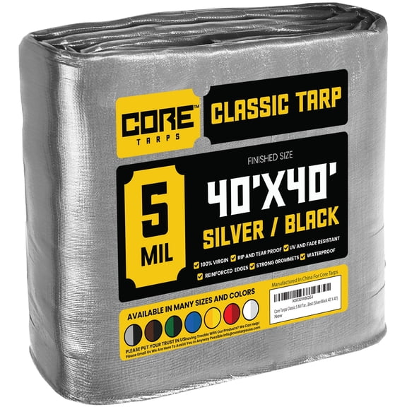 Core Tarps 5 Mil Classic Tarp Tarpaulin Waterproof Cover, Silver and Black 40 x 40Ft