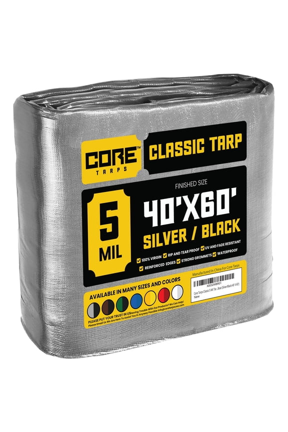 5 Mil Classic Tarp Tarpaulin Waterproof Cover, Silver and Black 40 x 60Ft